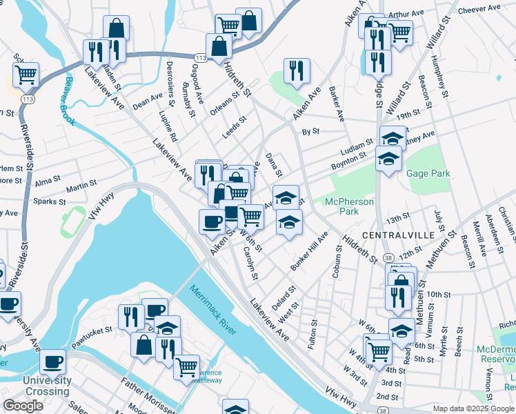map of restaurants, bars, coffee shops, grocery stores, and more near 236 Ludlam Street in Lowell