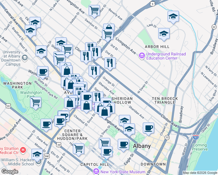 map of restaurants, bars, coffee shops, grocery stores, and more near 268 Orange Street in Albany