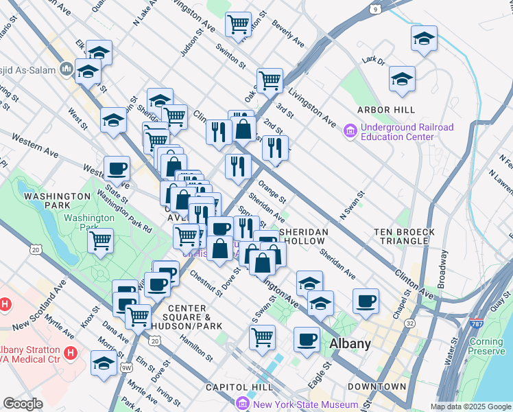 map of restaurants, bars, coffee shops, grocery stores, and more near 256 Sheridan Avenue in Albany
