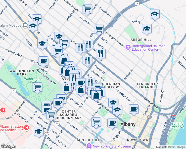 map of restaurants, bars, coffee shops, grocery stores, and more near 256 Sheridan Avenue in Albany