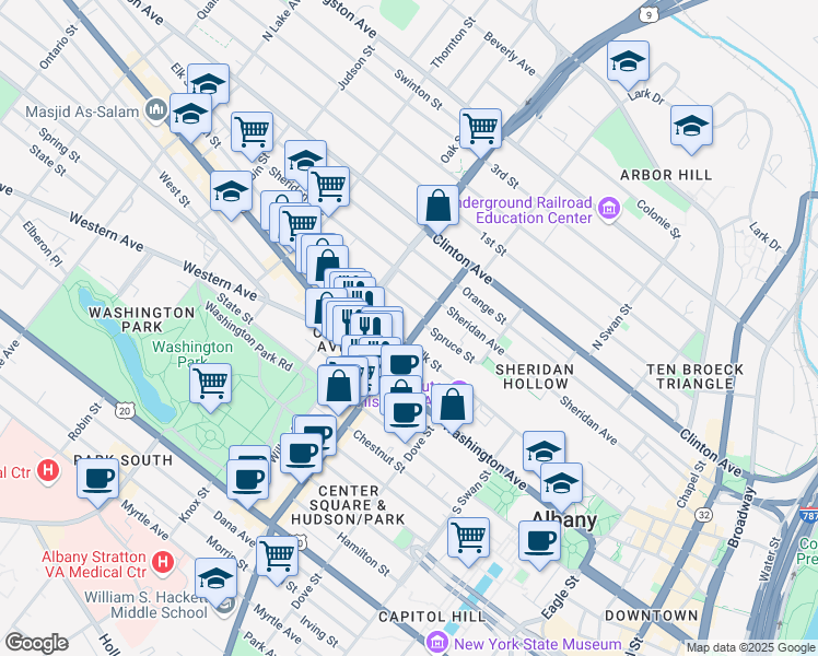 map of restaurants, bars, coffee shops, grocery stores, and more near 234 Spruce Street in Albany