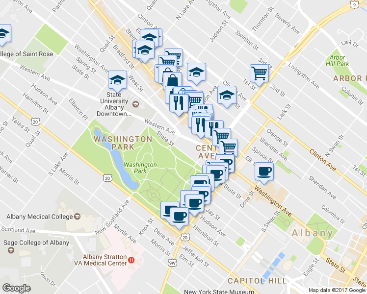 map of restaurants, bars, coffee shops, grocery stores, and more near 294 Washington Avenue in Albany