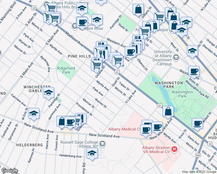 map of restaurants, bars, coffee shops, grocery stores, and more near 440 Morris Street in Albany