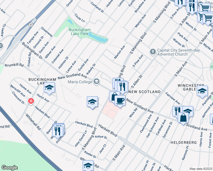 map of restaurants, bars, coffee shops, grocery stores, and more near 2 Greenway South in Albany