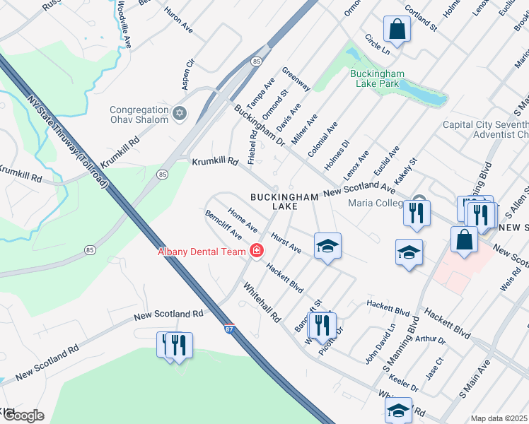 map of restaurants, bars, coffee shops, grocery stores, and more near 9 Crescent Drive in Albany