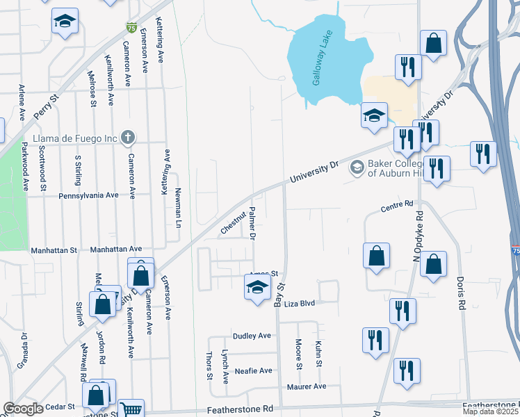 map of restaurants, bars, coffee shops, grocery stores, and more near 694 Palmer Drive in Pontiac