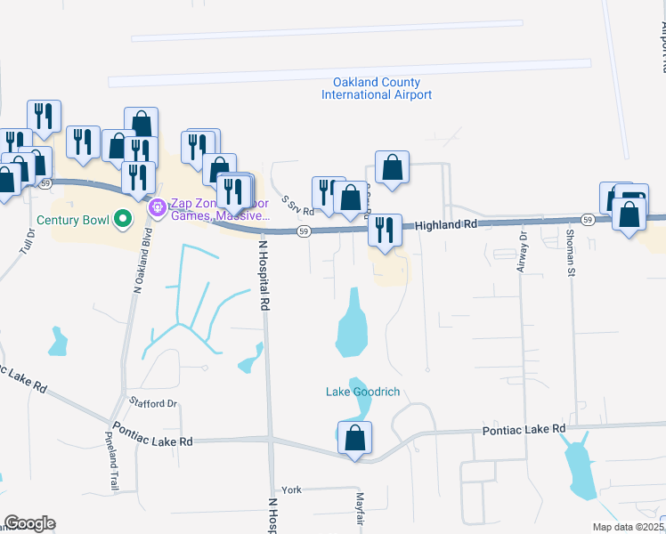 map of restaurants, bars, coffee shops, grocery stores, and more near 1381 Laurel Valley Drive in Waterford charter Township