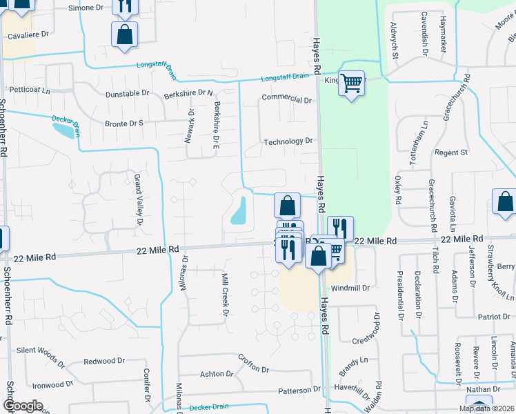map of restaurants, bars, coffee shops, grocery stores, and more near 14822 Village Park Circle in Macomb County