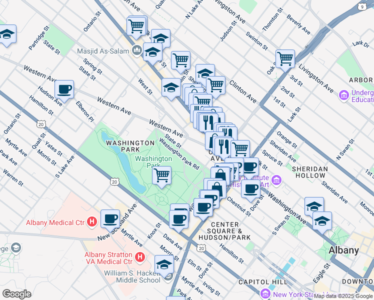 map of restaurants, bars, coffee shops, grocery stores, and more near 449 State Street in Albany