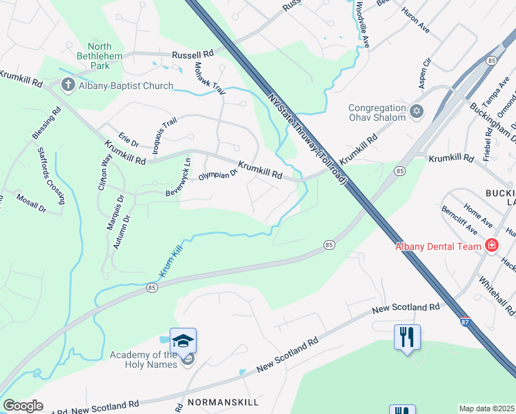 map of restaurants, bars, coffee shops, grocery stores, and more near 25 Yale Avenue in Slingerlands