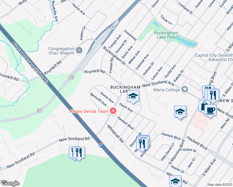 map of restaurants, bars, coffee shops, grocery stores, and more near 9 Crescent Drive in Albany