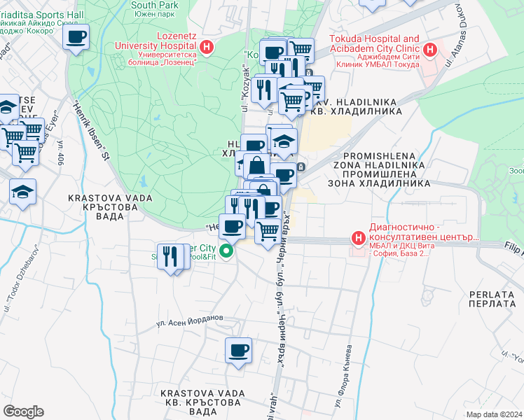 map of restaurants, bars, coffee shops, grocery stores, and more near 6 ulitsa „Henrik Ibsen“ in Sofia