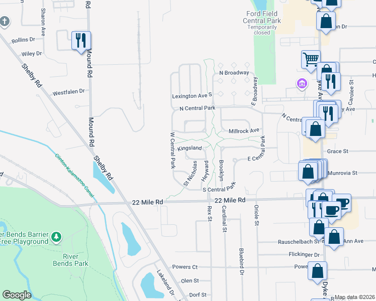 map of restaurants, bars, coffee shops, grocery stores, and more near 6809 Kingsland in Macomb County