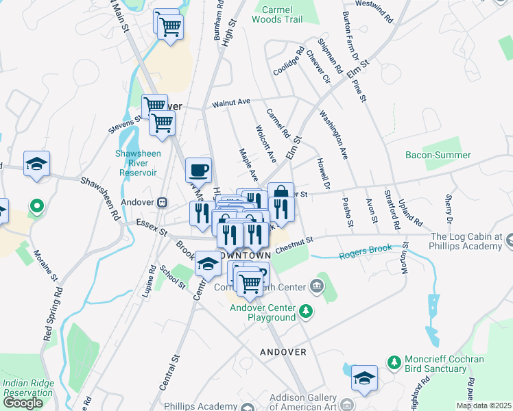 map of restaurants, bars, coffee shops, grocery stores, and more near 11 Florence Street in Andover