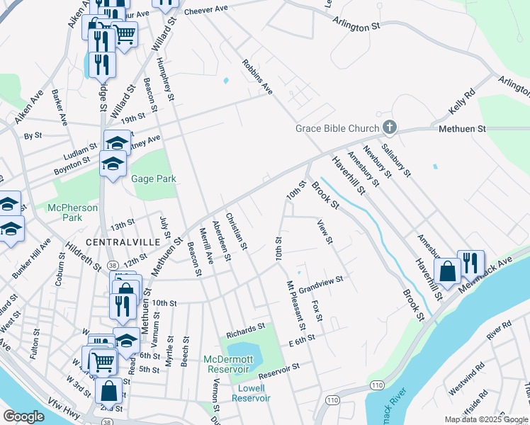 map of restaurants, bars, coffee shops, grocery stores, and more near 28 Easy Street in Lowell