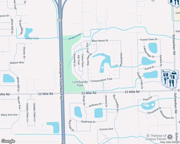 map of restaurants, bars, coffee shops, grocery stores, and more near 49693 Deer Run Drive in Macomb County