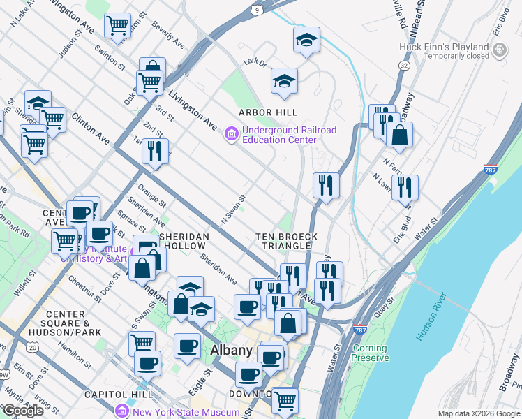 map of restaurants, bars, coffee shops, grocery stores, and more near 29 2nd Street in Albany