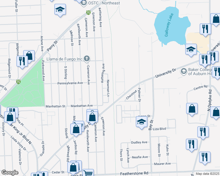 map of restaurants, bars, coffee shops, grocery stores, and more near 712 Newman Lane in Pontiac