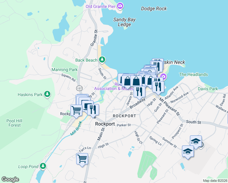 map of restaurants, bars, coffee shops, grocery stores, and more near 10 Beach Street in Rockport