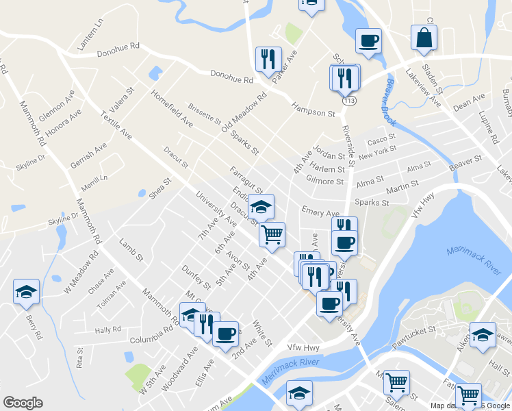 map of restaurants, bars, coffee shops, grocery stores, and more near 92 Endicott Street in Lowell