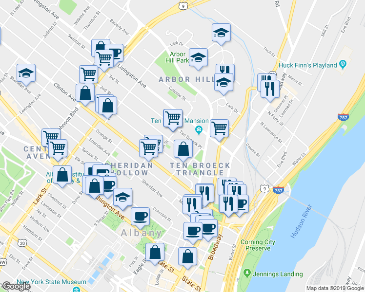 map of restaurants, bars, coffee shops, grocery stores, and more near 22 Ten Broeck Place in Albany