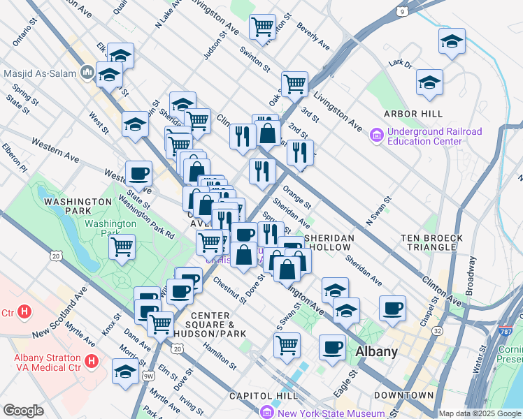 map of restaurants, bars, coffee shops, grocery stores, and more near 256 Sheridan Avenue in Albany