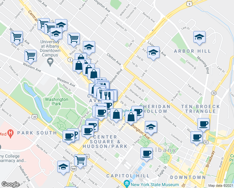 map of restaurants, bars, coffee shops, grocery stores, and more near 234 Spruce Street in Albany