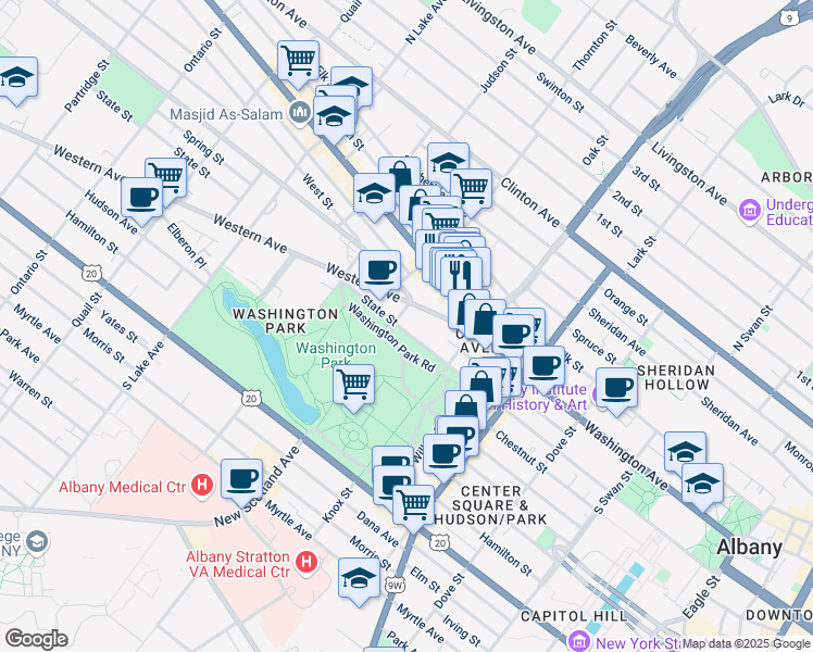 map of restaurants, bars, coffee shops, grocery stores, and more near 465 Sprague Place in Albany
