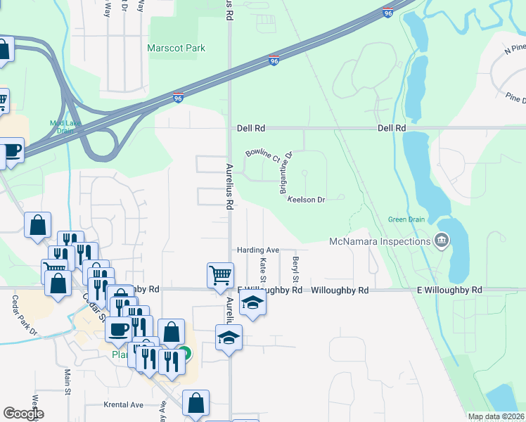 map of restaurants, bars, coffee shops, grocery stores, and more near 2627 Kate Street in Delhi charter Township