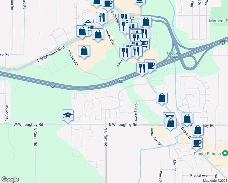 map of restaurants, bars, coffee shops, grocery stores, and more near 900 Long Boulevard in Lansing