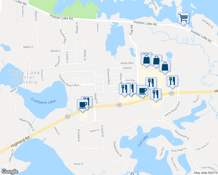map of restaurants, bars, coffee shops, grocery stores, and more near 239 Suzanne Boulevard in White Lake charter Township