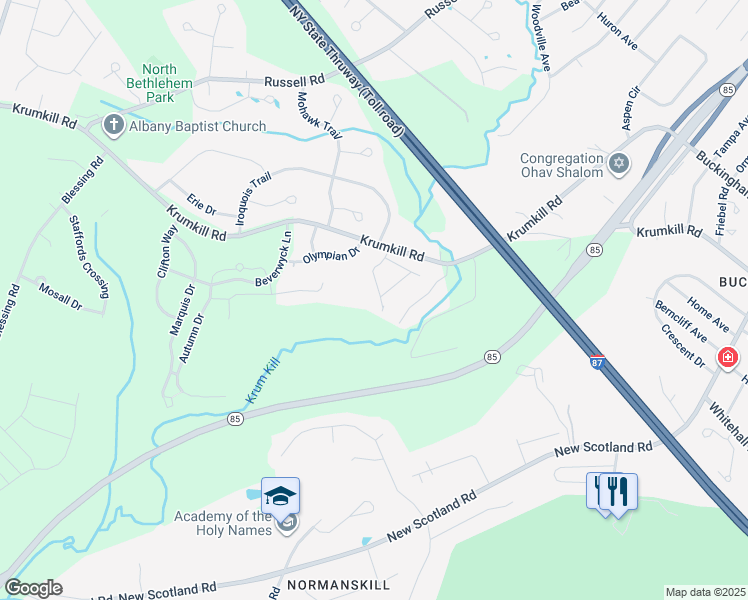 map of restaurants, bars, coffee shops, grocery stores, and more near 25 Yale Avenue in Slingerlands