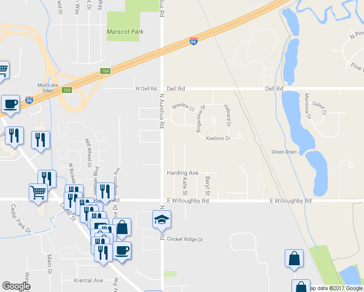 map of restaurants, bars, coffee shops, grocery stores, and more near 2627 Kate St in Delhi Charter Township