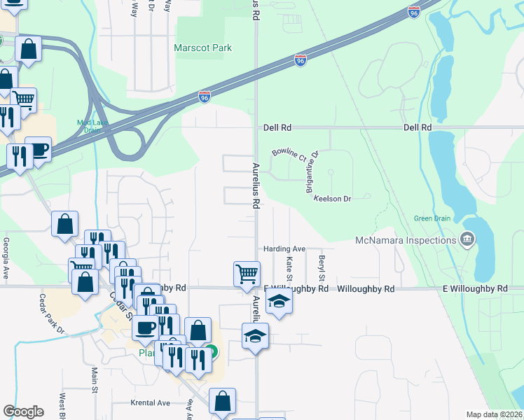 map of restaurants, bars, coffee shops, grocery stores, and more near 6831 North Aurelius Road in Lansing
