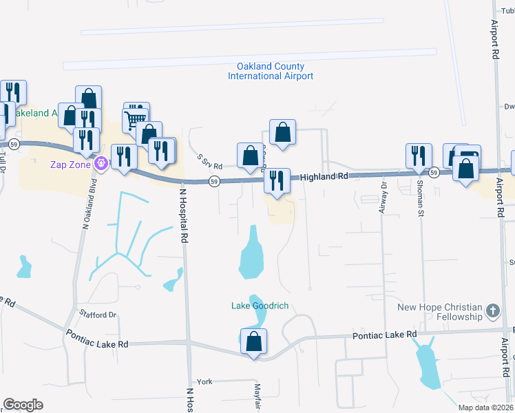 map of restaurants, bars, coffee shops, grocery stores, and more near 6741 Highland Road in Waterford Township