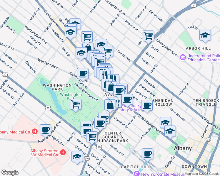 map of restaurants, bars, coffee shops, grocery stores, and more near Central Ave & Henry Johnson Blvd in Albany