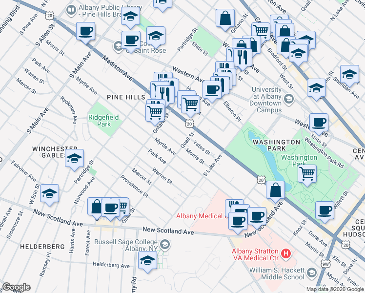 map of restaurants, bars, coffee shops, grocery stores, and more near Morris Street in Albany