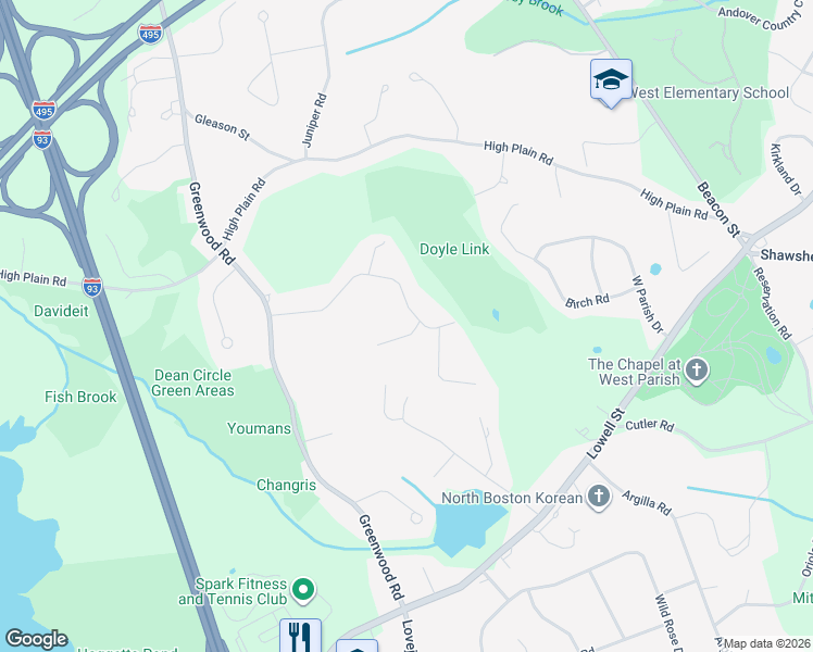 map of restaurants, bars, coffee shops, grocery stores, and more near 24 Candlewood Drive in Andover