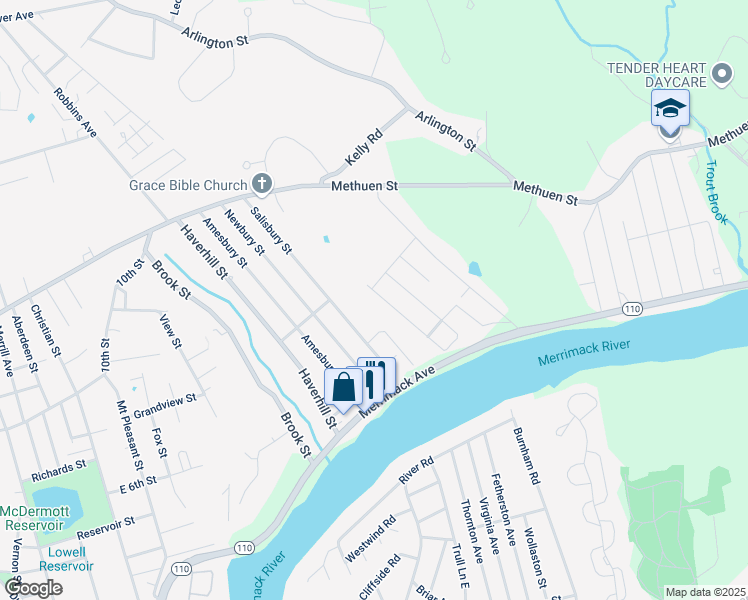 map of restaurants, bars, coffee shops, grocery stores, and more near 1 Joseph Avenue in Dracut