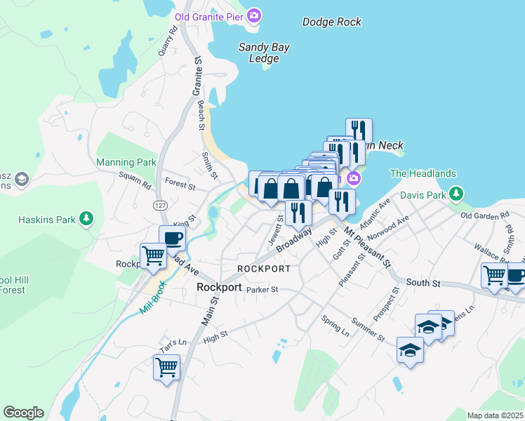 map of restaurants, bars, coffee shops, grocery stores, and more near 48A-C Main Street in Rockport