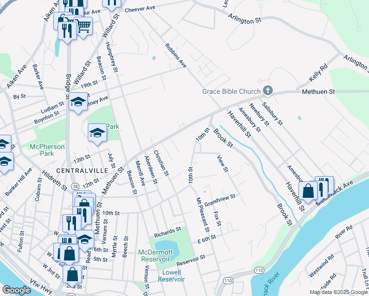map of restaurants, bars, coffee shops, grocery stores, and more near 28 Easy Street in Lowell