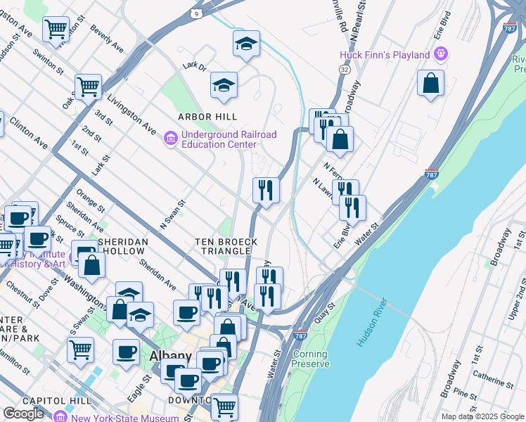 map of restaurants, bars, coffee shops, grocery stores, and more near 251 North Pearl Street in Albany