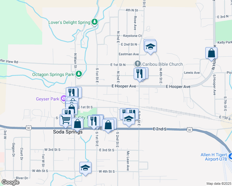 map of restaurants, bars, coffee shops, grocery stores, and more near 180 East Hooper Avenue in Soda Springs