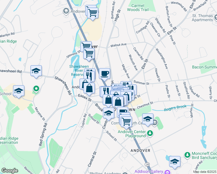 map of restaurants, bars, coffee shops, grocery stores, and more near 59 North Main Street in Andover