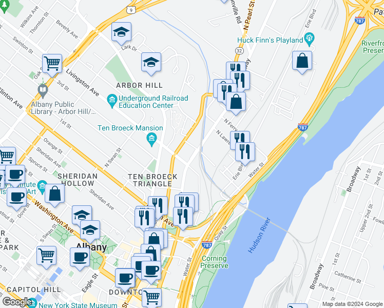 map of restaurants, bars, coffee shops, grocery stores, and more near 816 Broadway in Watervliet