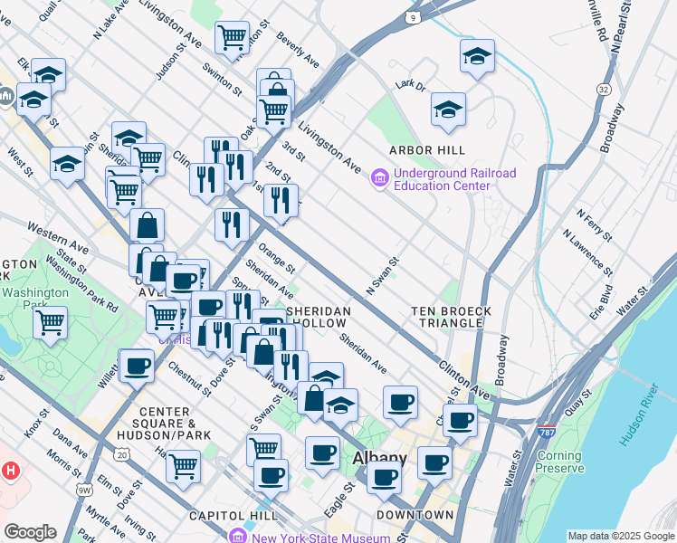 map of restaurants, bars, coffee shops, grocery stores, and more near 201 Clinton Avenue in Albany