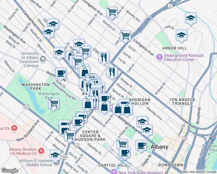 map of restaurants, bars, coffee shops, grocery stores, and more near 234 Spruce Street in Albany