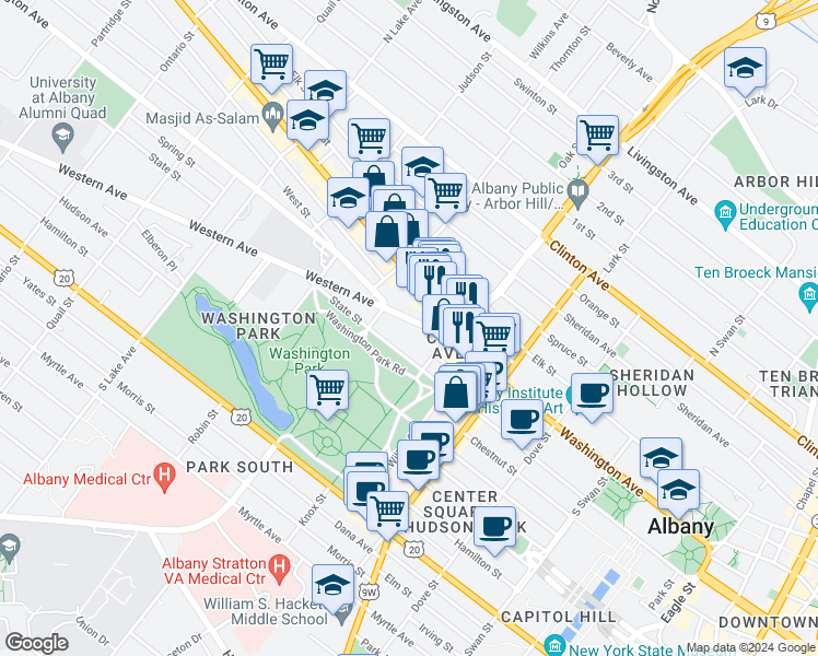 map of restaurants, bars, coffee shops, grocery stores, and more near 294 Washington Avenue in Albany