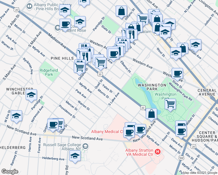 map of restaurants, bars, coffee shops, grocery stores, and more near 748 Madison Avenue in Albany