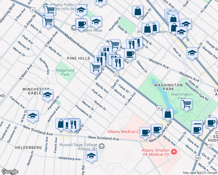 map of restaurants, bars, coffee shops, grocery stores, and more near 440 Morris Street in Albany